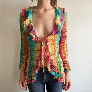 Rainbow Zebra Tie Front Ruffle Blouse